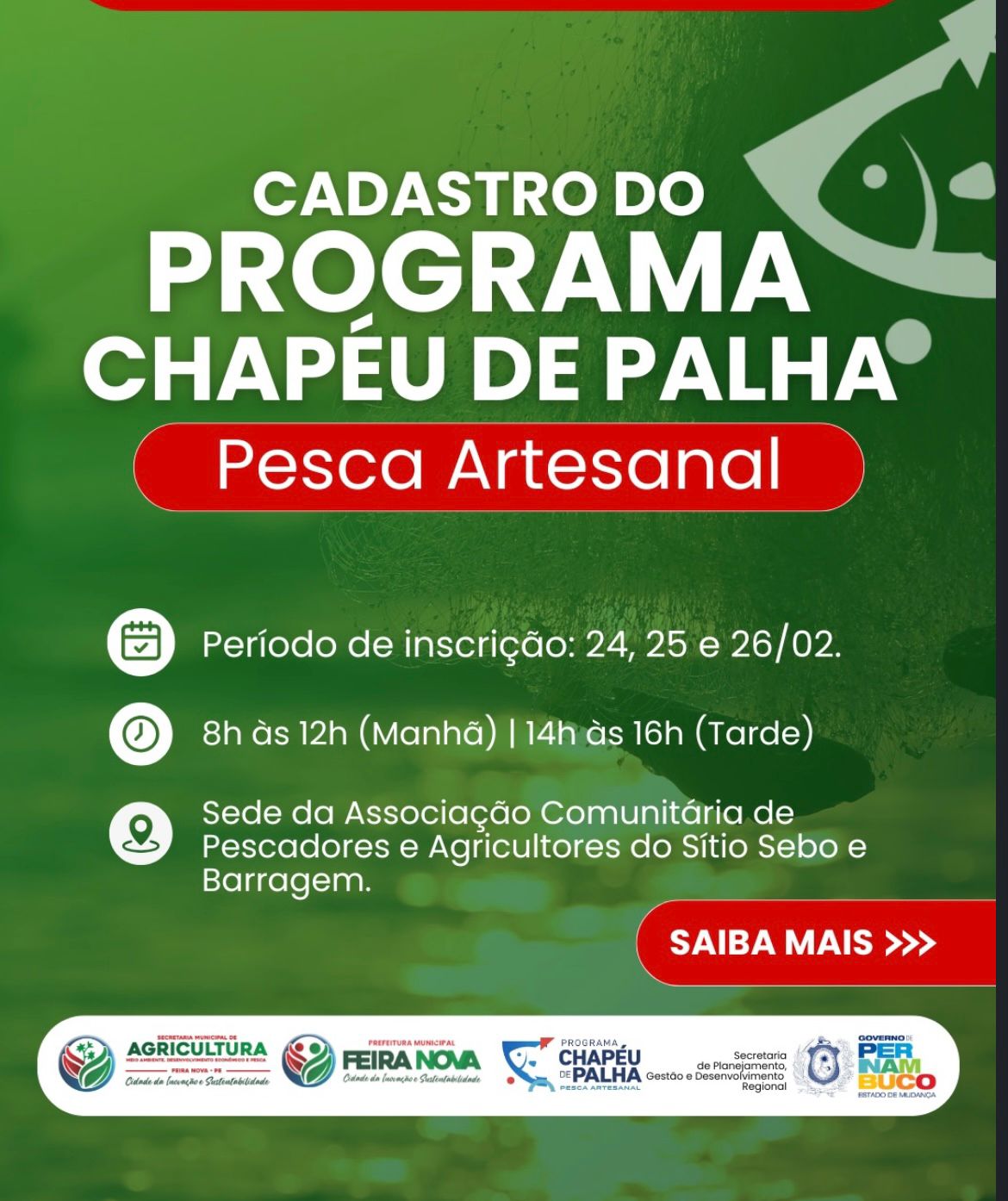 Leia mais sobre o artigo Prefeitura de Feira Nova abre cadastro para o programa chapéu de palha – Pesca artesanal