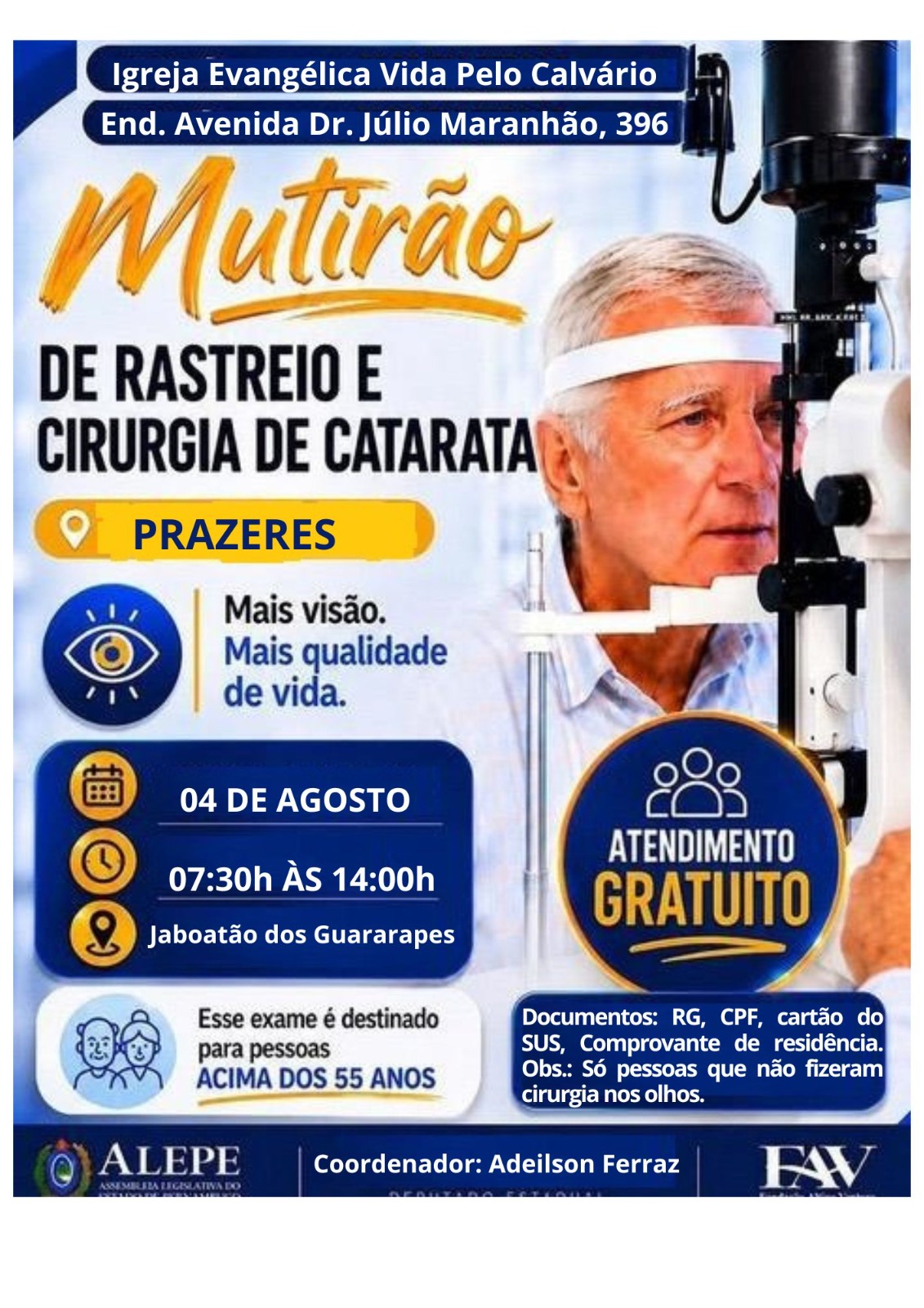 Leia mais sobre o artigo Mutirão gratuito de rastreio e cirurgia de catarata será realizado em Prazeres