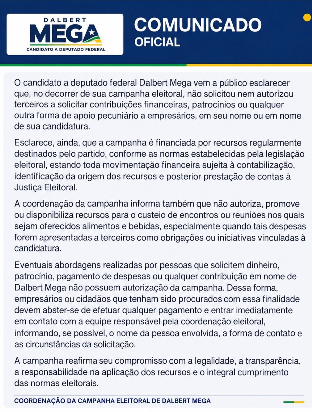No momento, você está visualizando Dalbert Mega esclarece que não autorizou pedidos de dinheiro ou patrocínio em seu nome